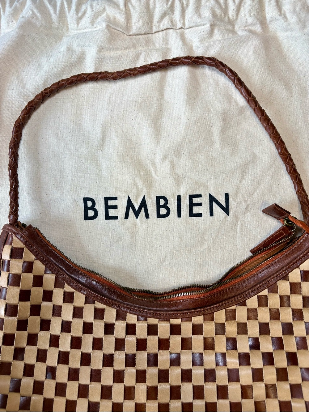 BEMBIEN Brown & Cream Woven Leather Shoulder Bag